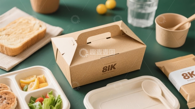 高清大图下载【趣麦麦图】绿色背景上的便当盒和食物