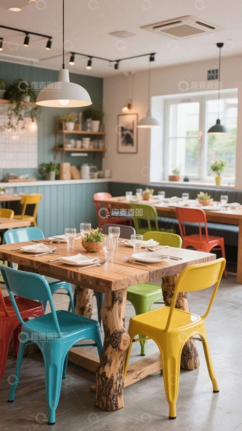 高清大图下载【趣麦麦图】色彩缤纷的餐厅内部设有木质桌椅和悬挂吊灯
