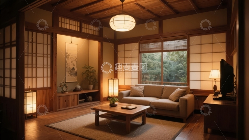 高清大图下载【趣麦麦图】日式风格客厅温馨舒适木质家具与纸窗设计