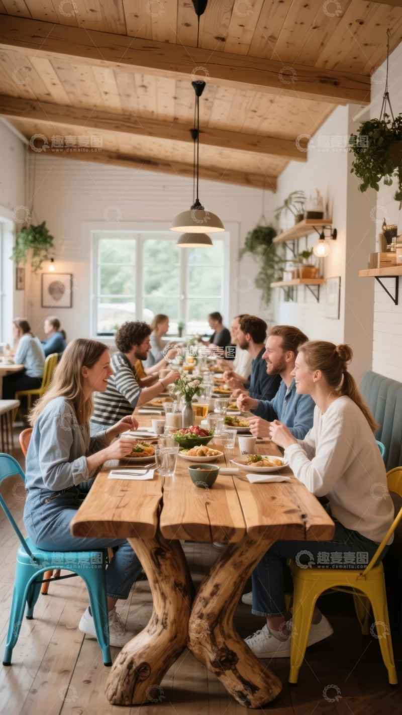 高清大图下载【趣麦麦图】多人在木质长桌旁用餐室内环境温馨