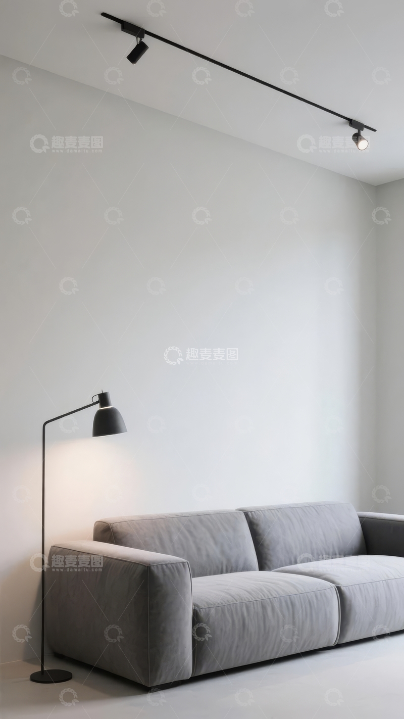 高清大图下载【趣麦麦图】简约现代客厅灰色沙发与黑色落地灯