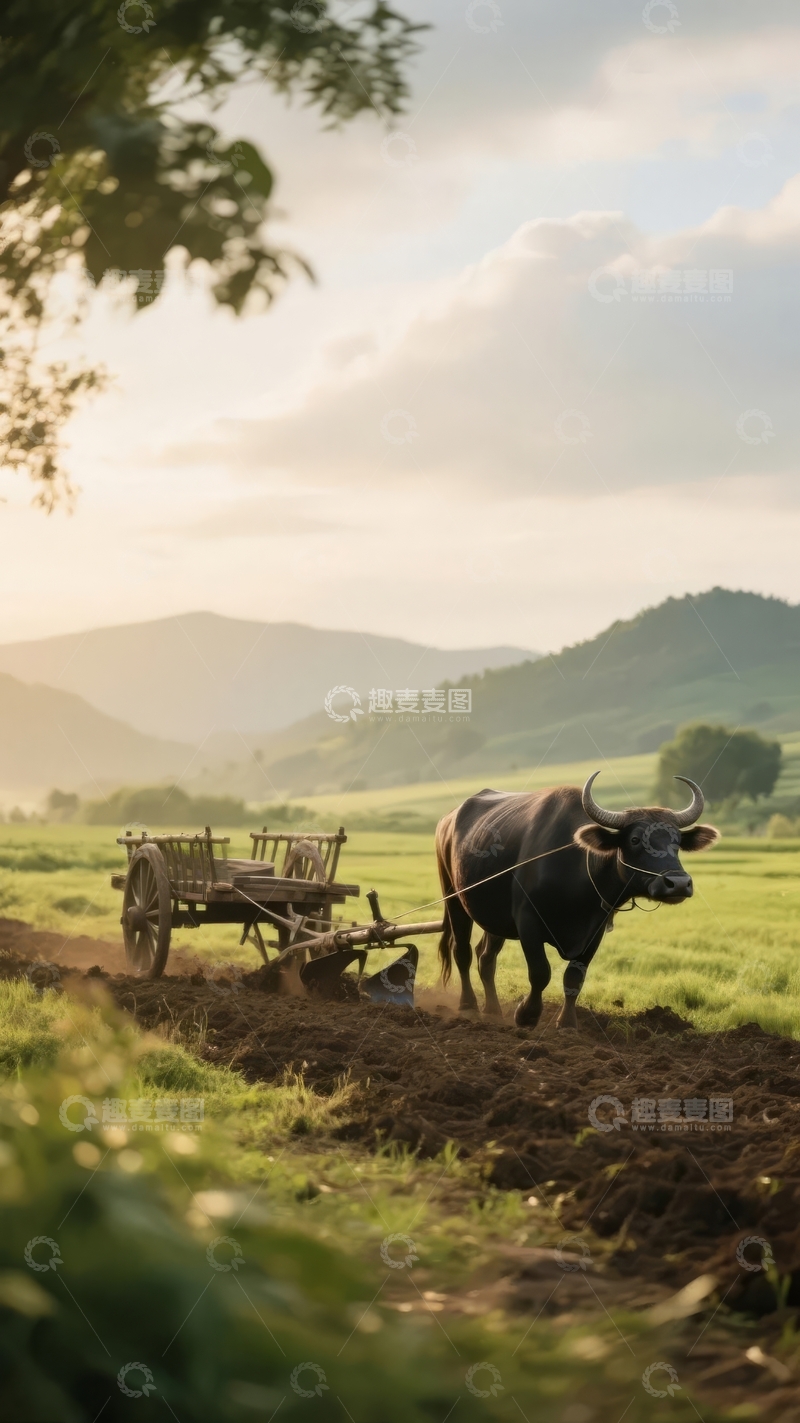 高清大图下载【趣麦麦图】水牛在田园中拉犁耕作远处山峦环绕