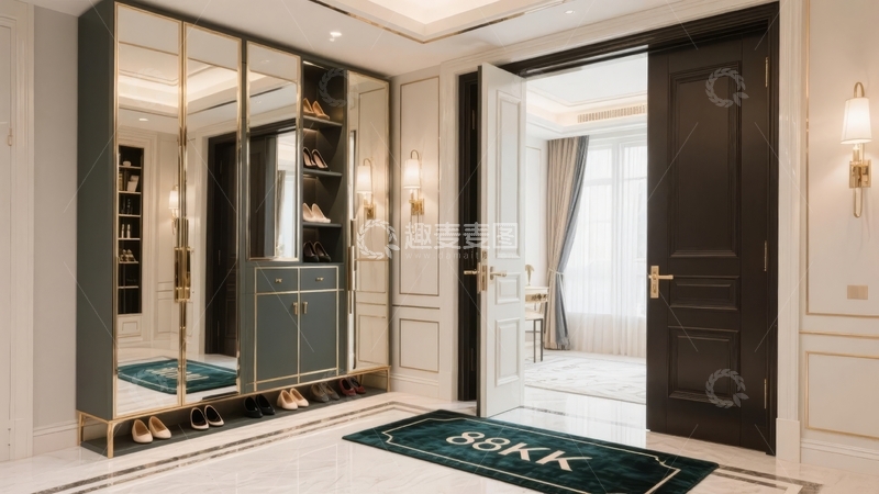 高清大图下载【趣麦麦图】现代豪华玄关设计配有镜面衣柜和精致地毯