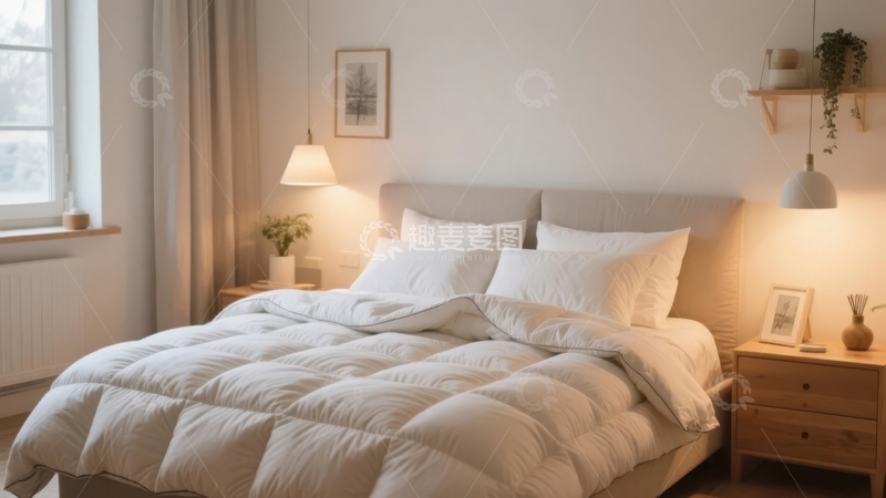 高清大图下载【趣麦麦图】温馨卧室床铺整洁配以柔和灯光和简约装饰
