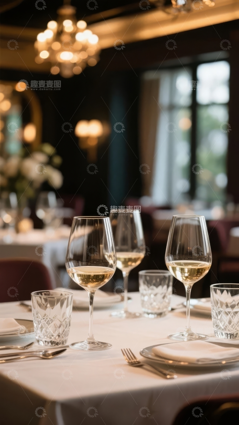 高清大图下载【趣麦麦图】优雅餐厅内摆放着装有白葡萄酒的酒杯