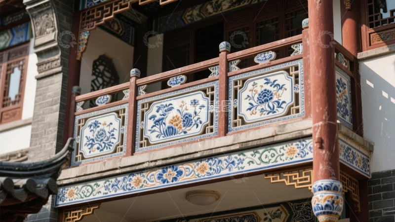 高清大图下载【趣麦麦图】-中式建筑阳台装饰精美彩绘栏杆