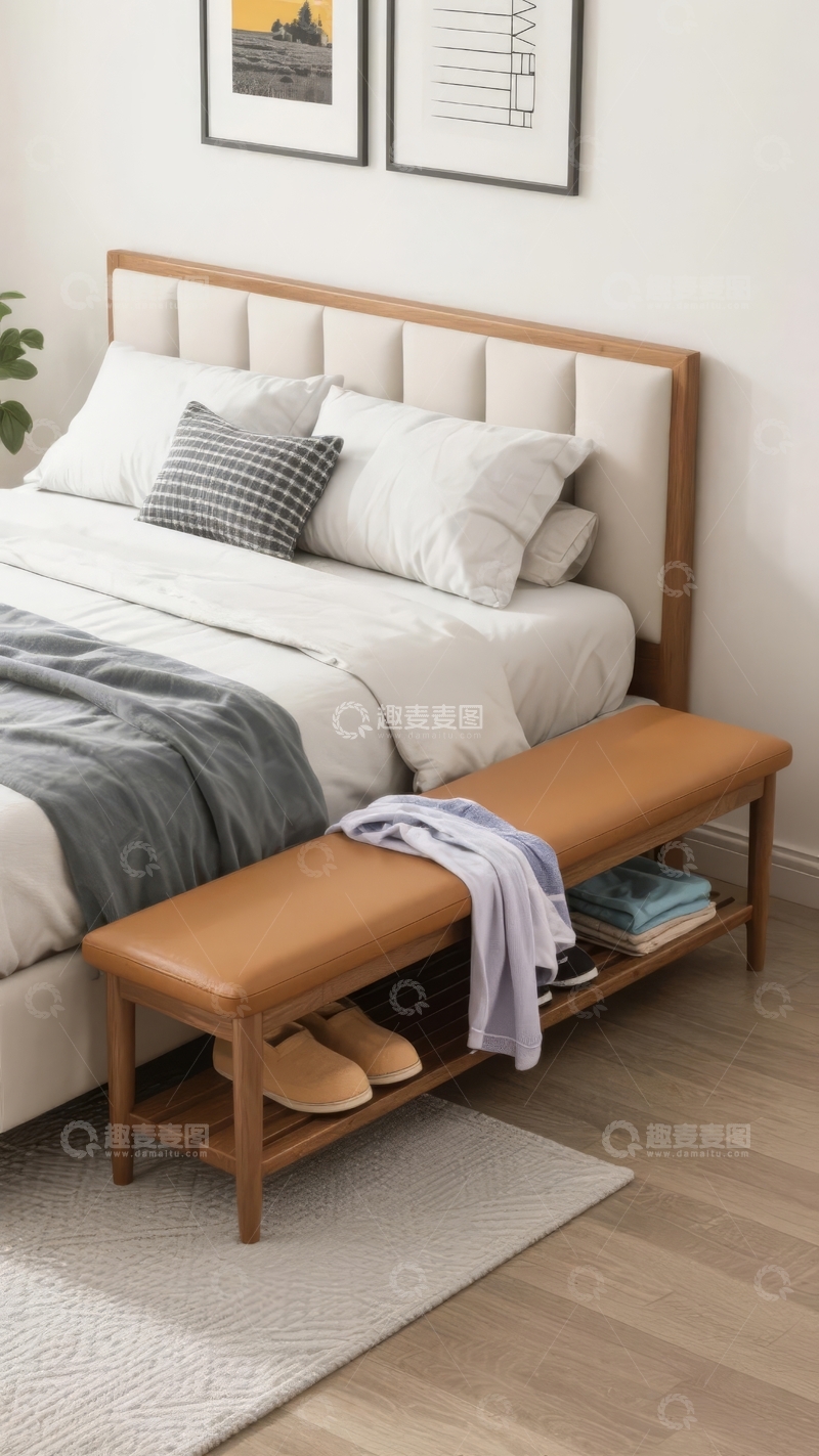 高清大图下载【趣麦麦图】现代简约卧室床尾凳收纳实用