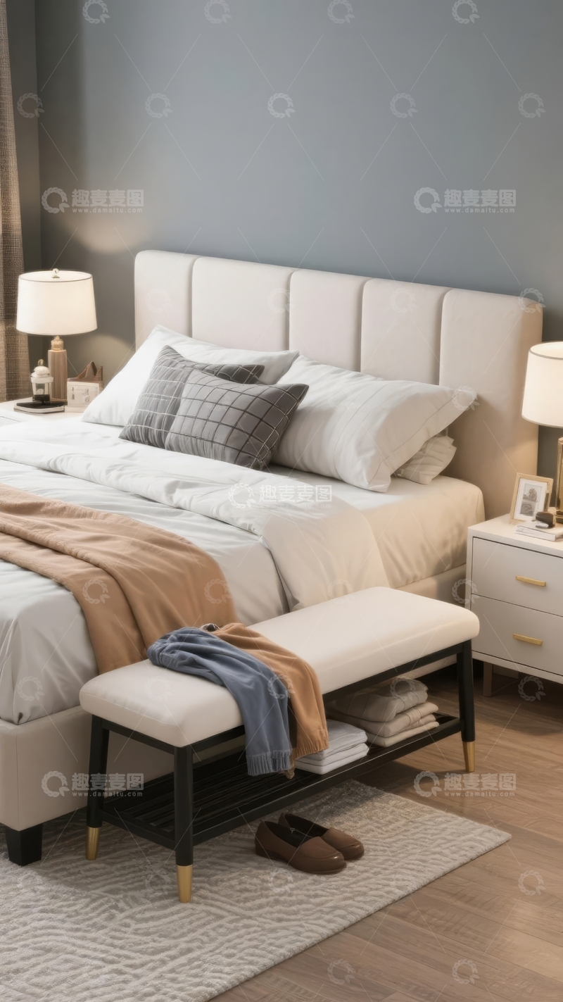 高清大图下载【趣麦麦图】现代简约风格卧室床铺整洁温馨
