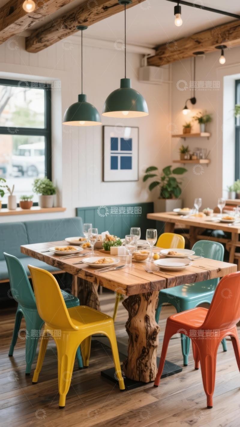 高清大图下载【趣麦麦图】温馨餐厅内木质餐桌配多彩椅子
