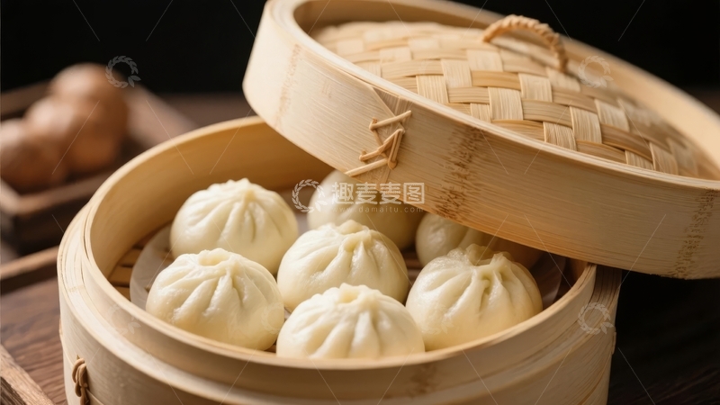 高清大图下载【趣麦麦图】竹蒸笼中摆放着多个白色包子