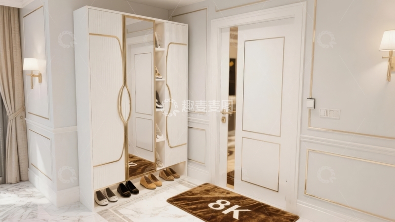 高清大图下载【趣麦麦图】现代简约风格的白色鞋柜与入口区域