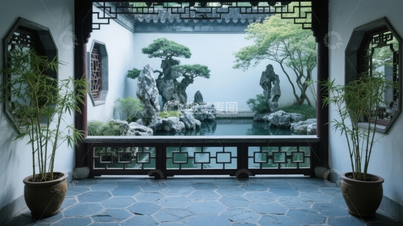 高清大图下载【趣麦麦图】中式庭院景观透过窗户展现假山流水与绿植