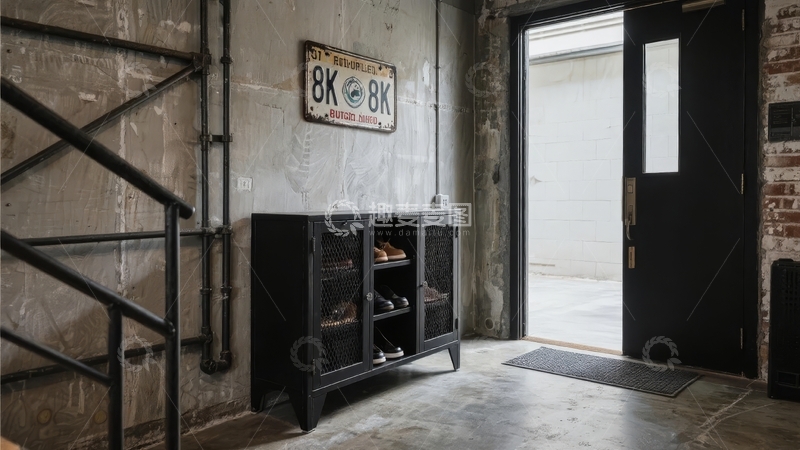 高清大图下载【趣麦麦图】工业风室内入口展示金属楼梯与复古车牌装饰