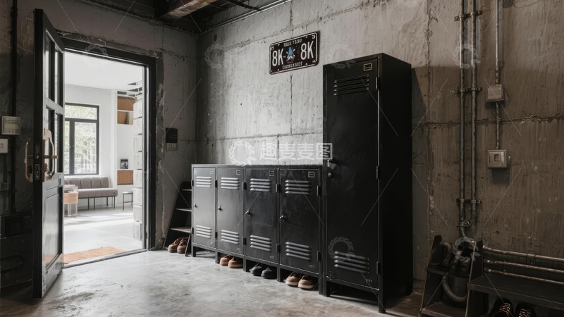 高清大图下载【趣麦麦图】工业风室内空间展示黑色储物柜与混凝土墙面
