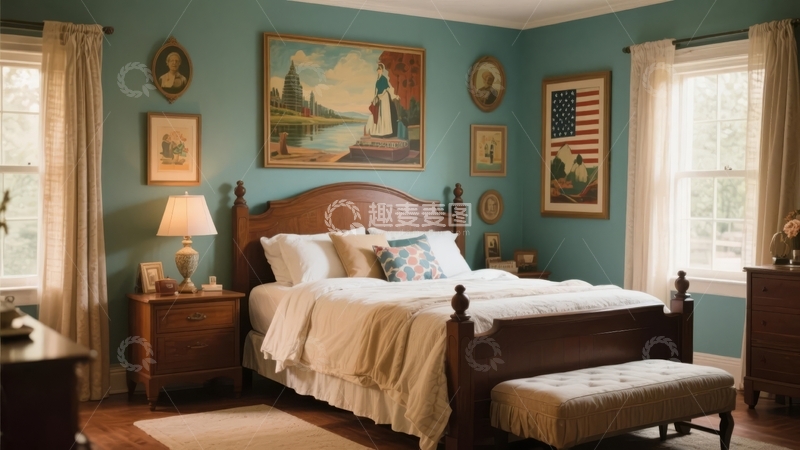 高清大图下载【趣麦麦图】蓝墙木质床复古风格卧室