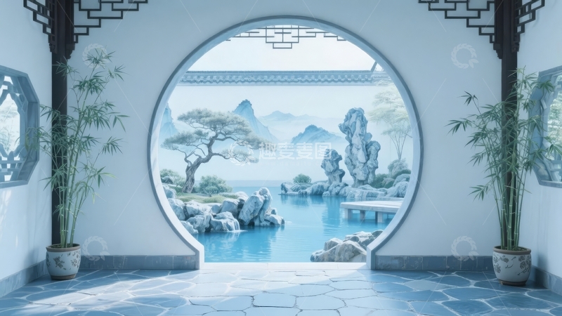 高清大图下载【趣麦麦图】中式圆形门洞外的山水园林景观