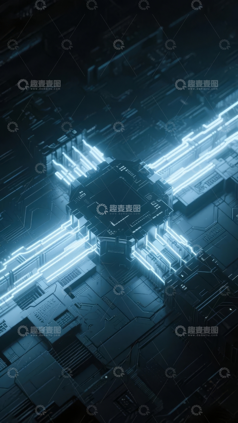高清大图下载【趣麦麦图】发光电路板中心的科技感芯片特写