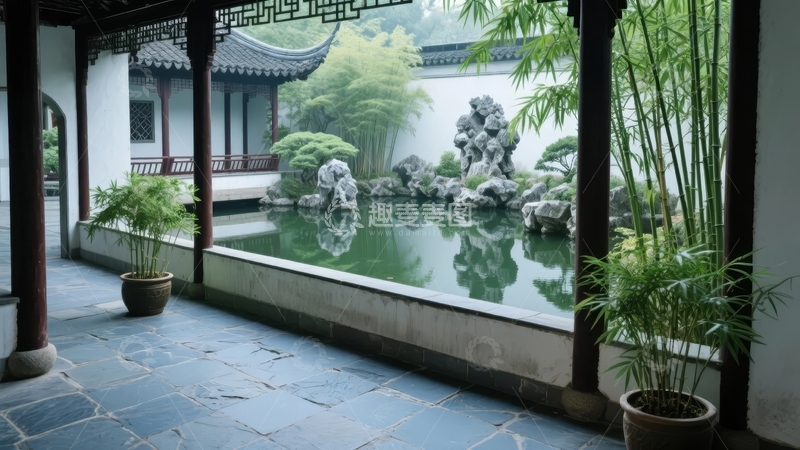 高清大图下载【趣麦麦图】-中式庭院水景与绿植相映成趣