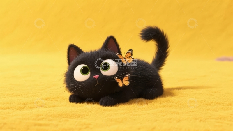 高清大图下载【趣麦麦图】黑色小猫趴在黄色背景上蝴蝶飞舞