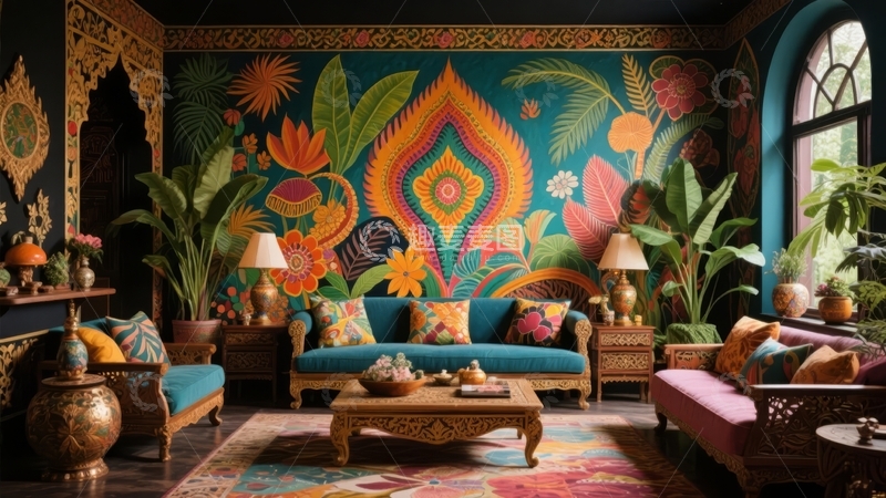 高清大图下载【趣麦麦图】色彩斑斓的复古风格客厅装饰有精美壁画和绿植