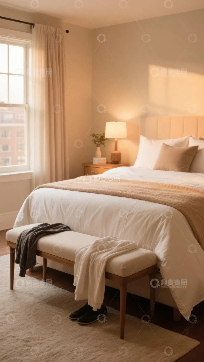高清大图下载【趣麦麦图】温馨卧室晨光透过窗户照亮整洁床铺
