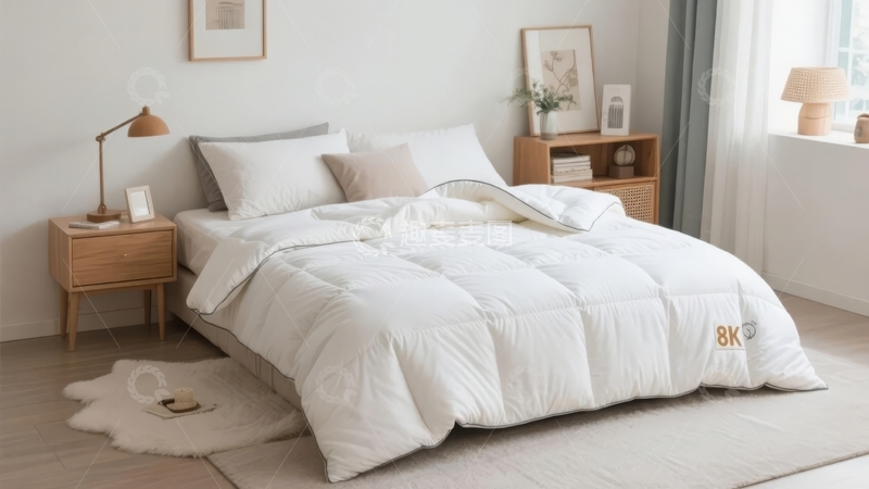 高清大图下载【趣麦麦图】简约风格卧室中的白色床品与温馨装饰