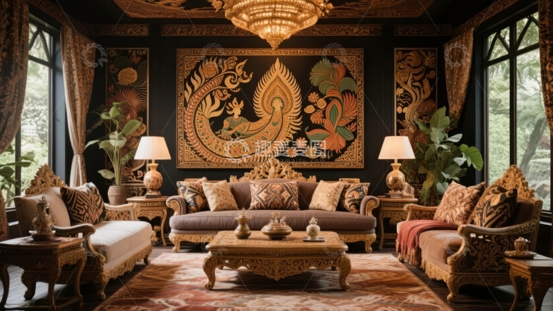 高清大图下载【趣麦麦图】豪华泰式风格客厅装饰精美家具与壁画