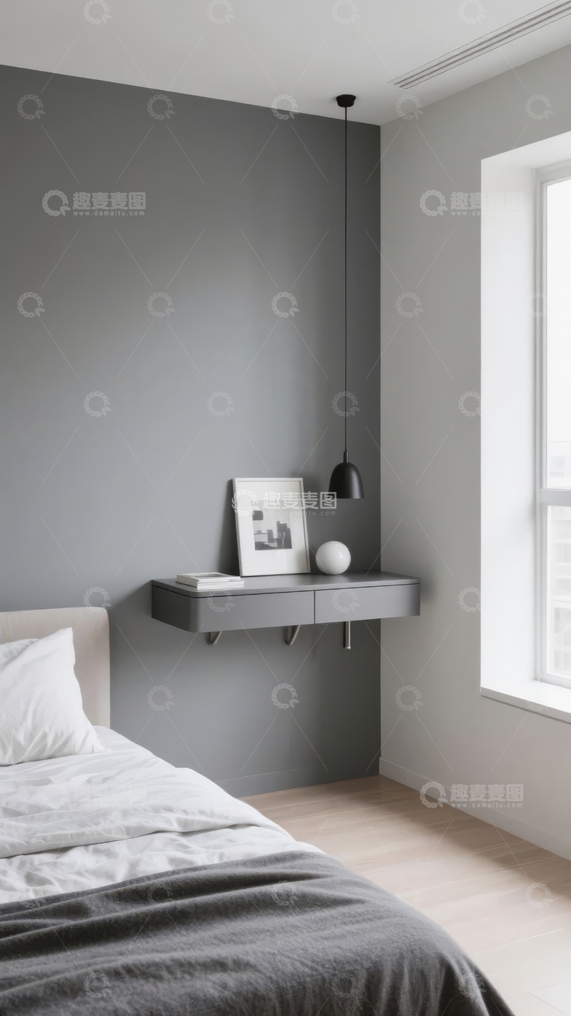 高清大图下载【趣麦麦图】现代简约卧室一角灰色墙面与悬挂床头柜设计