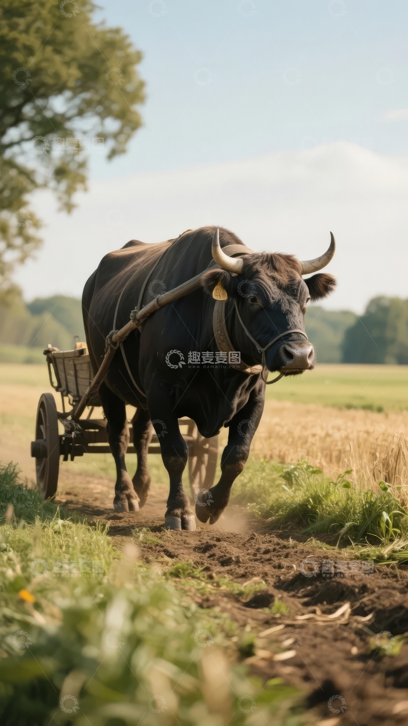 高清大图下载【趣麦麦图】一头黑色公牛拉着木制车在田野中行走