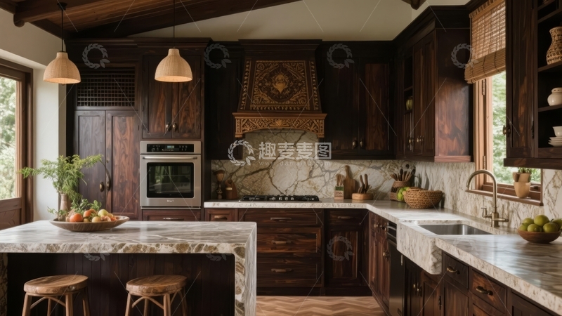 高清大图下载【趣麦麦图】豪华复古风格厨房配备大理石台面和木质橱柜