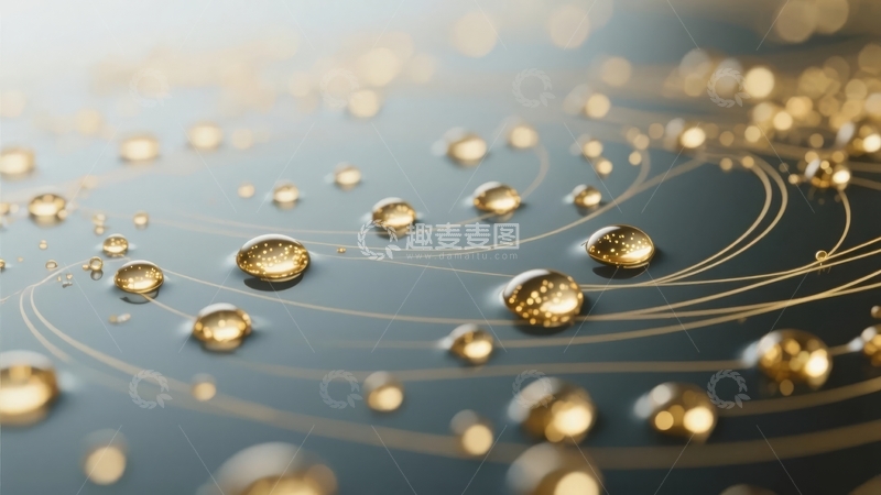 金色水滴在深色曲面上闪烁光泽