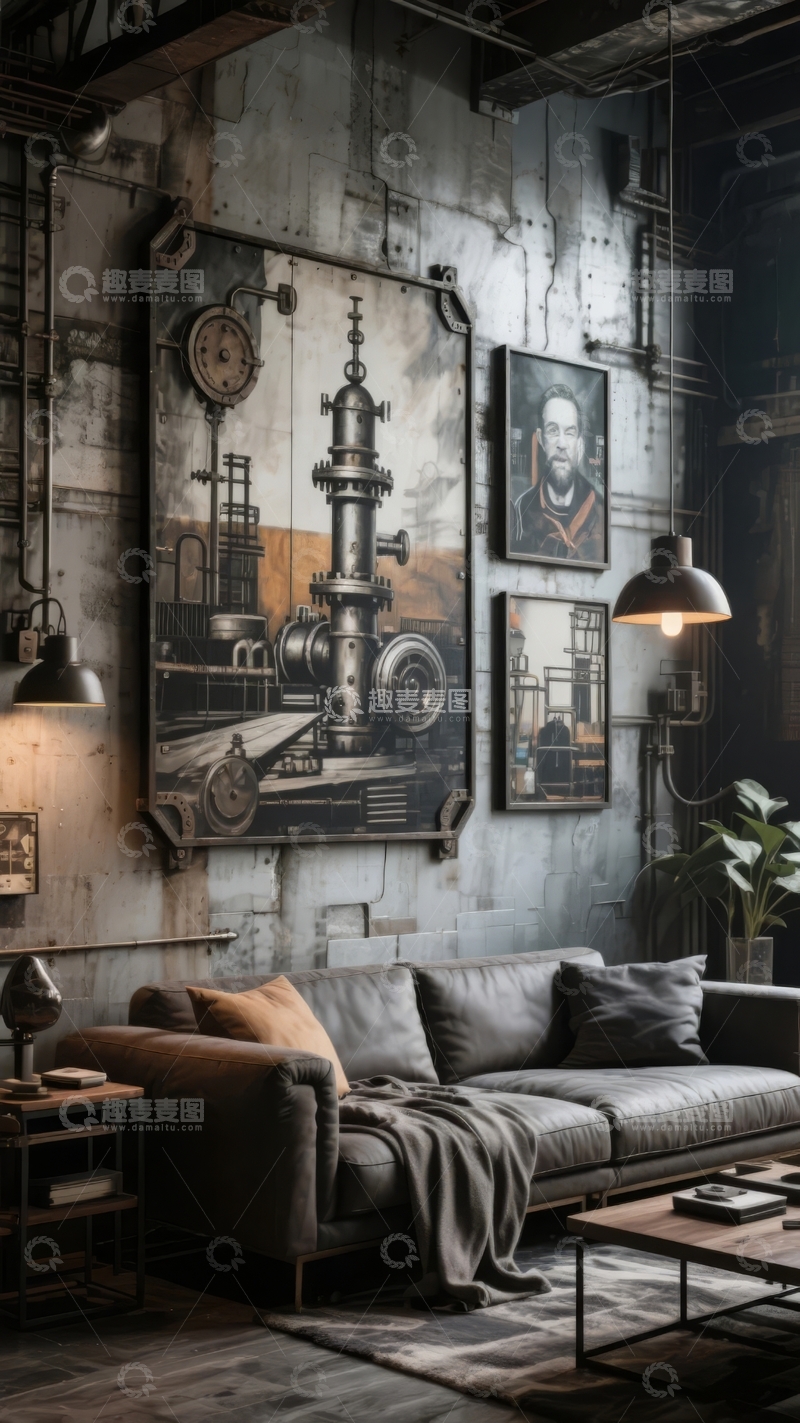 高清大图下载【趣麦麦图】工业风复古客厅装饰墙挂画与皮质沙发
