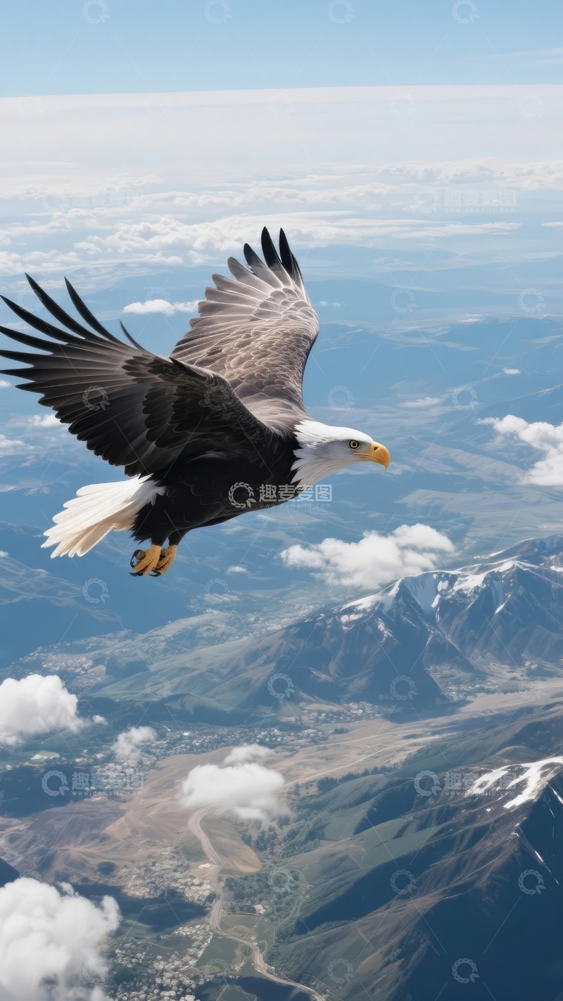 高清大图下载【趣麦麦图】白头鹰翱翔于雪山与云海之上
