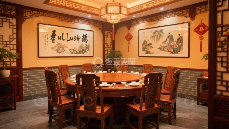 高清大图下载【趣麦麦图】中式风格餐厅包间内摆放着圆形餐桌和木质椅子