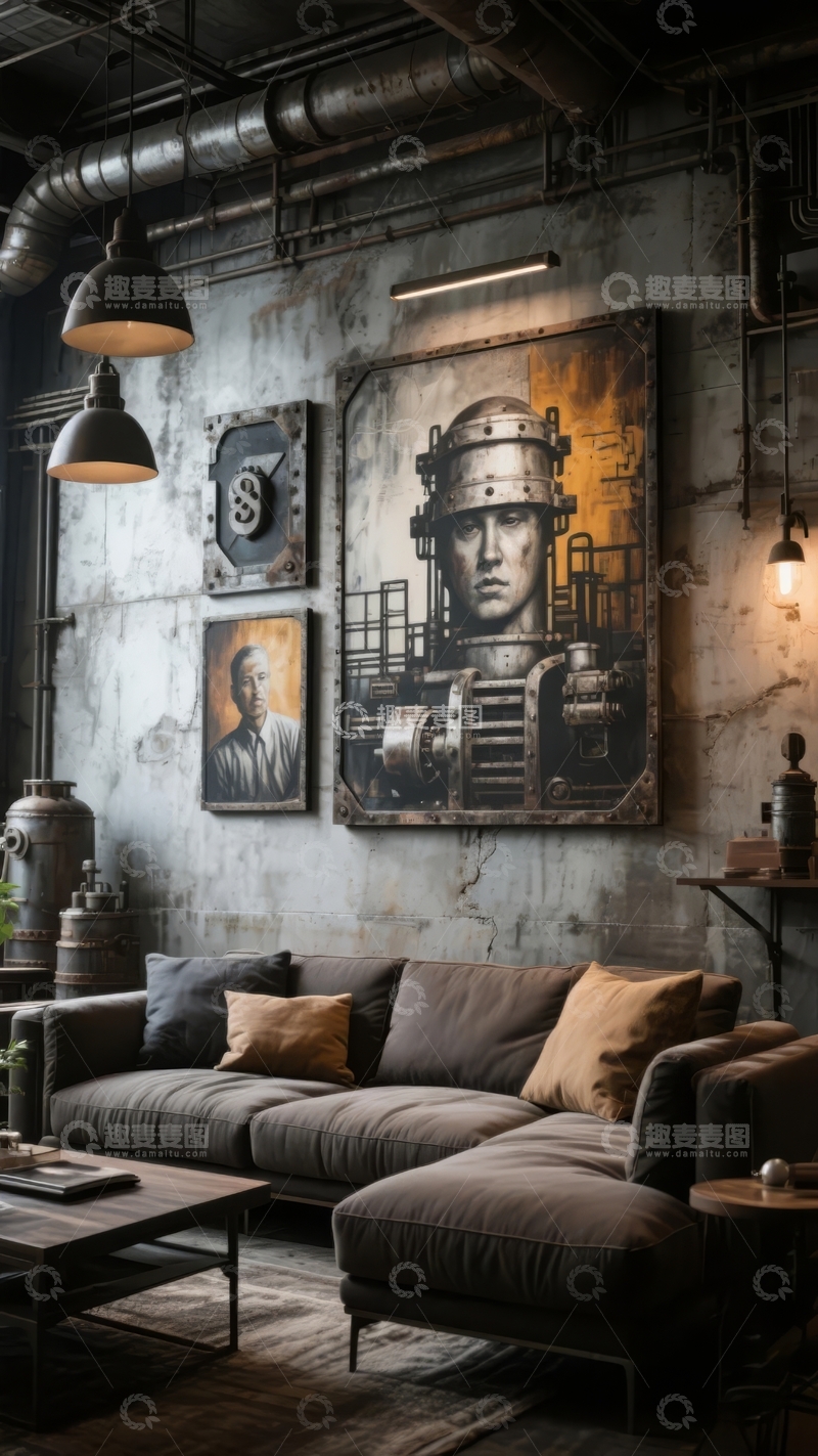 高清大图下载【趣麦麦图】工业风客厅装饰以机械主题画作为主