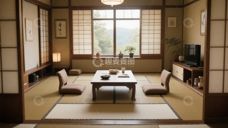 高清大图下载【趣麦麦图】传统日式房间内摆放着矮桌和坐垫