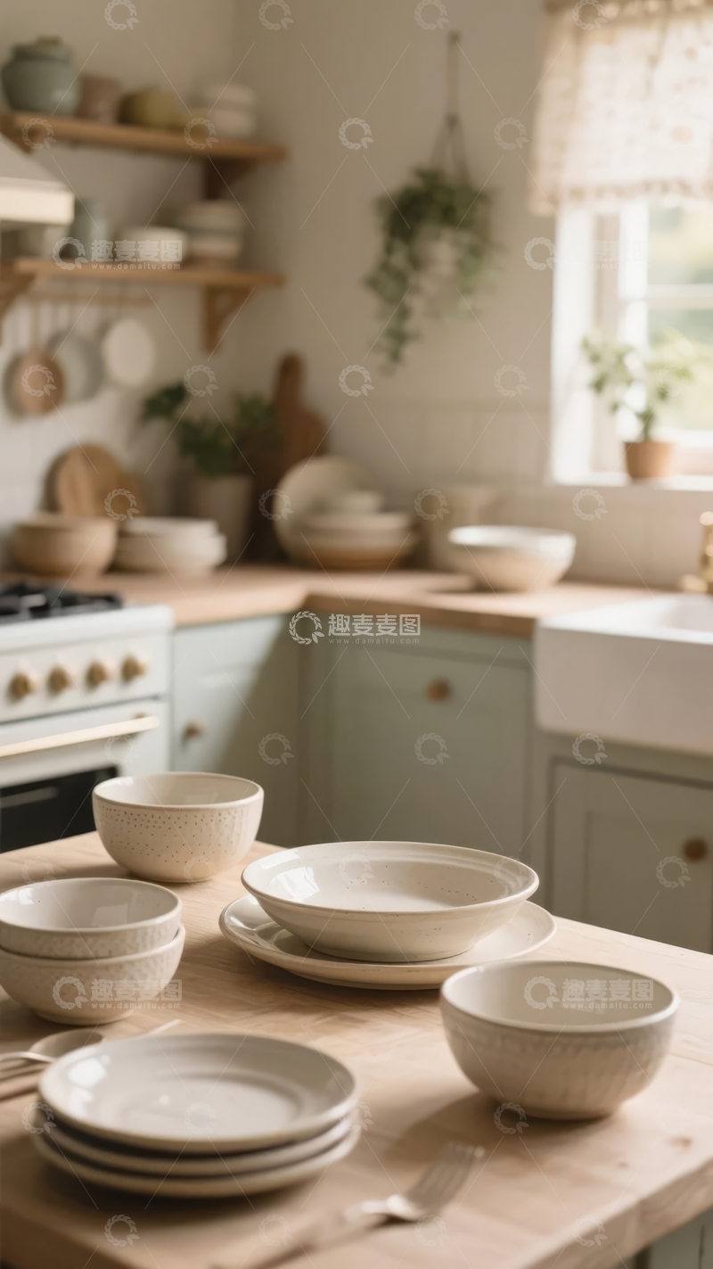 高清大图下载【趣麦麦图】-温馨田园风厨房展示精美餐具与绿植装饰