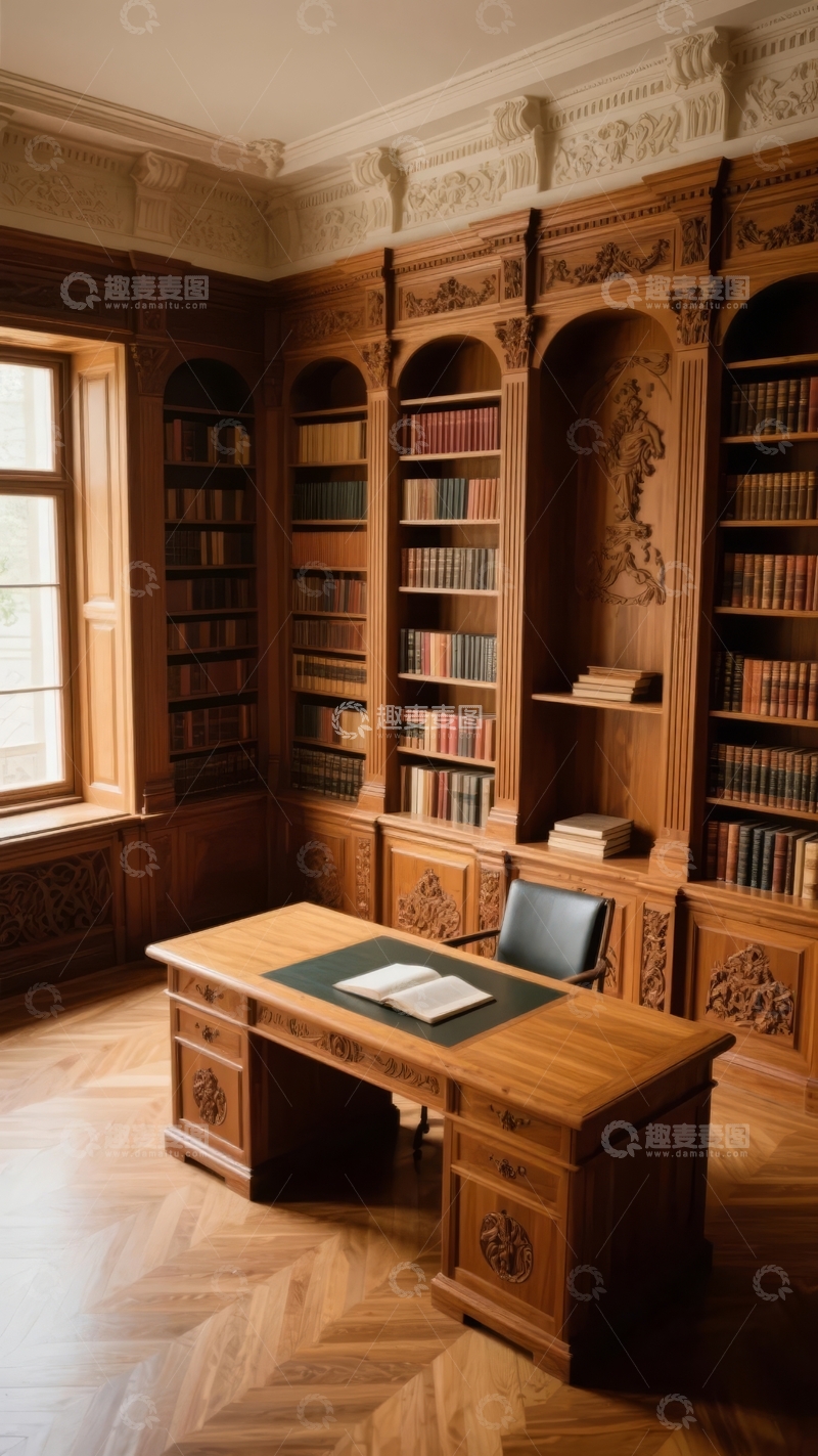 高清大图下载【趣麦麦图】古典风格书房内木质书柜与书桌陈设