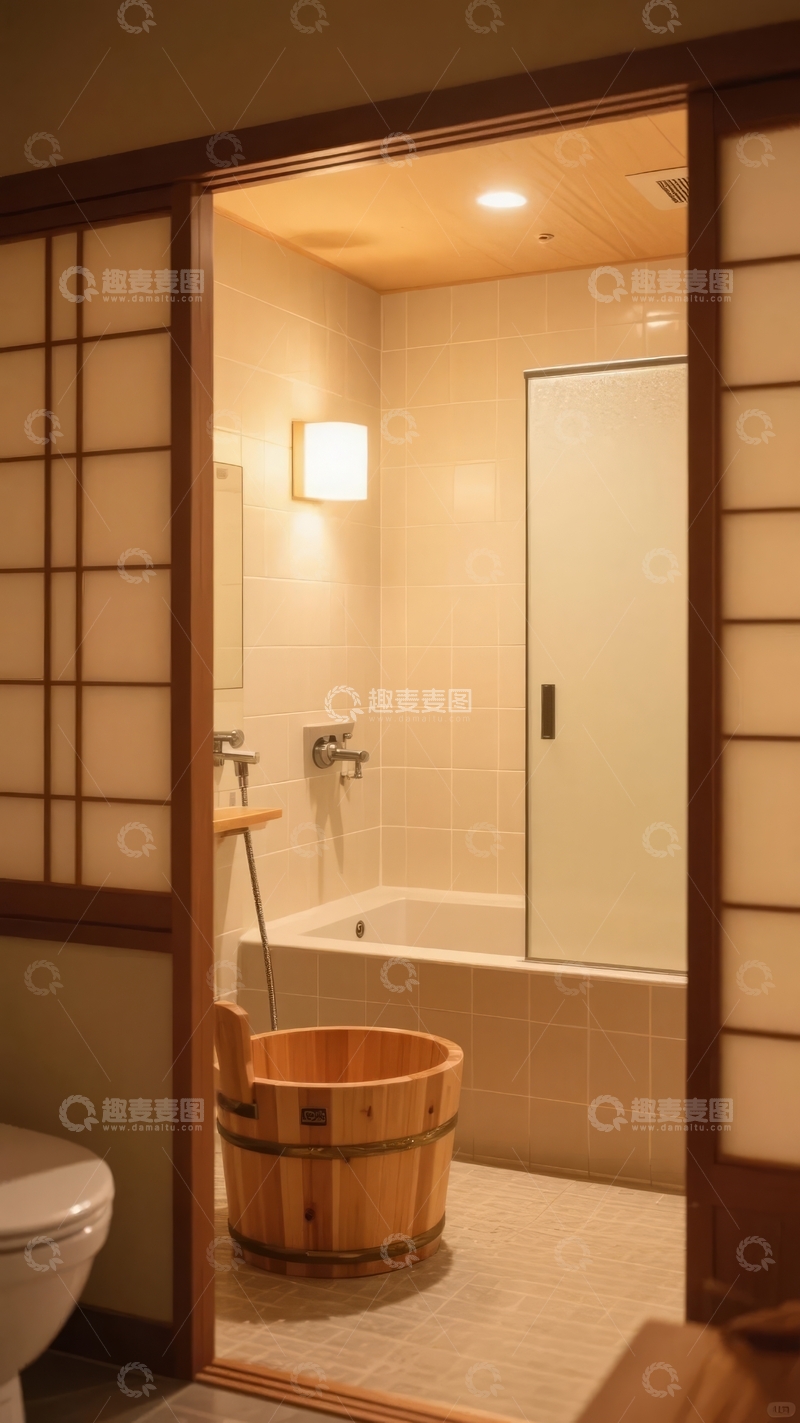 高清大图下载【趣麦麦图】日式风格浴室通过推拉门展现温馨浴缸与淋浴区
