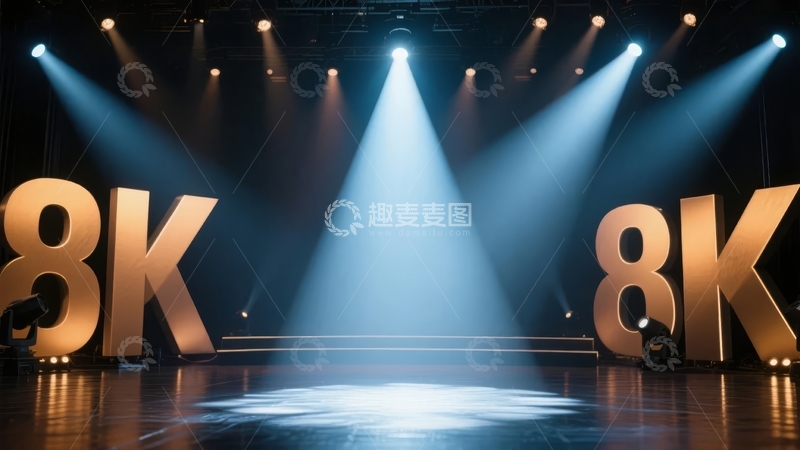高清大图下载【趣麦麦图】舞台灯光聚焦于金色立体数字'8K'装置
