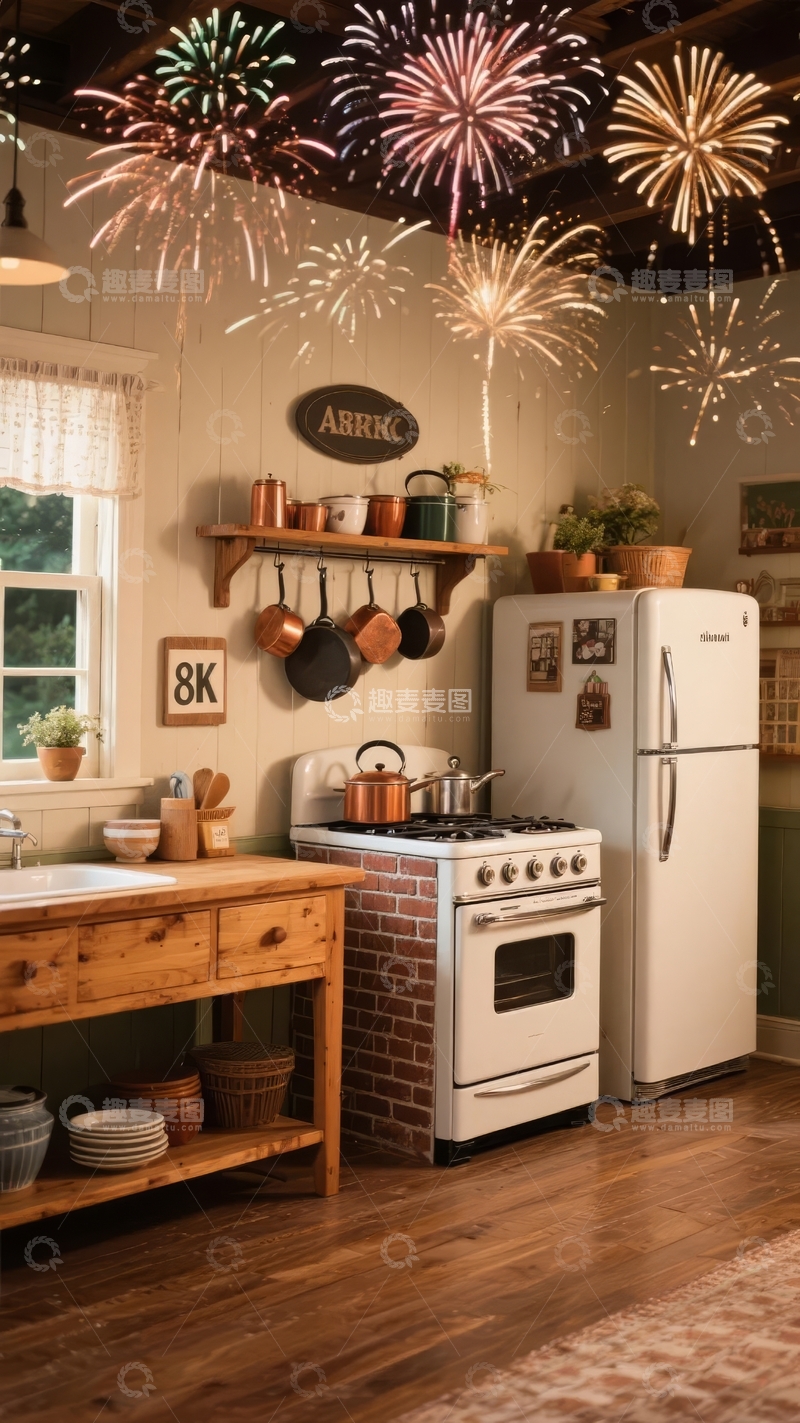 高清大图下载【趣麦麦图】厨房天花板悬挂烟花装饰节日氛围浓厚