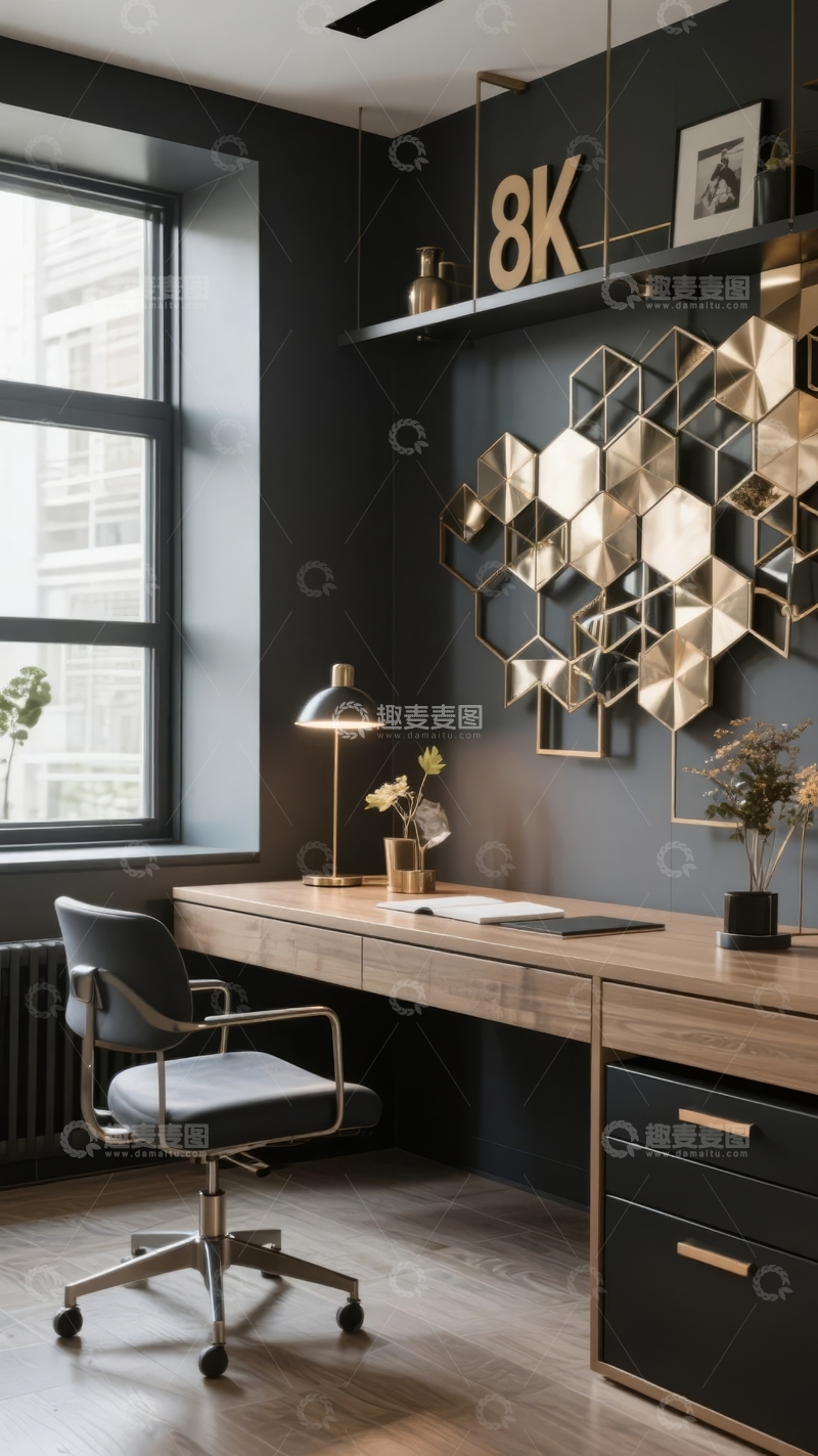 高清大图下载【趣麦麦图】现代简约风格书房墙面装饰与办公桌布置