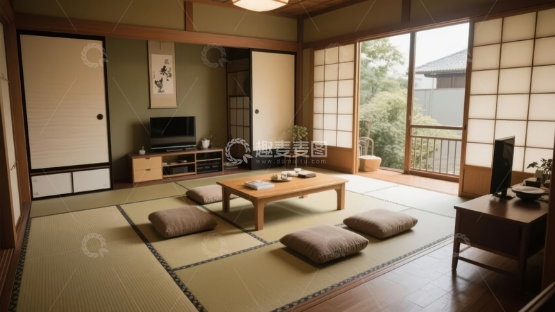 高清大图下载【趣麦麦图】日式传统房间内摆放着榻榻米和木质家具