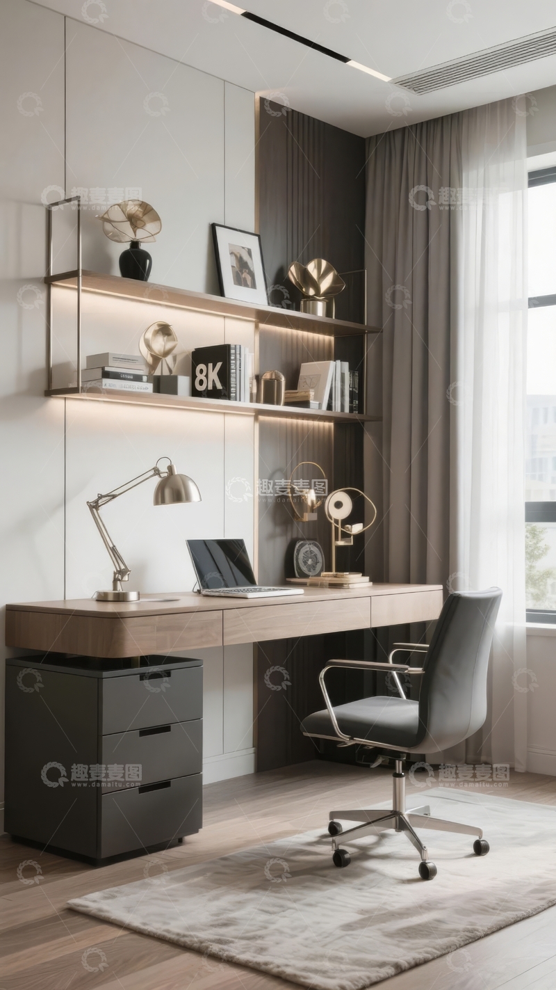 高清大图下载【趣麦麦图】现代简约风格书房设计书桌与储物架组合
