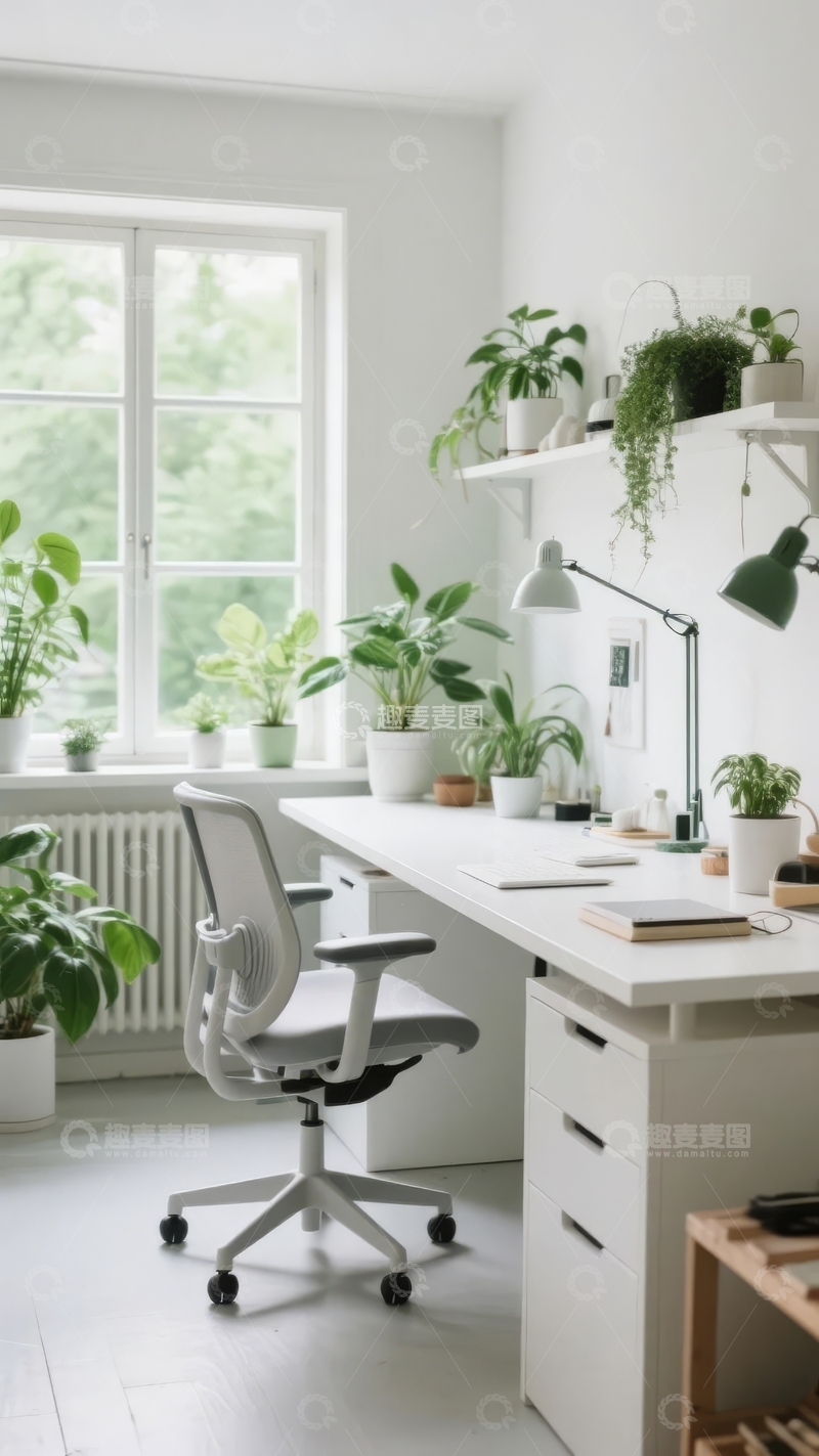 高清大图下载【趣麦麦图】明亮简约的白色办公桌与绿植装饰的室内场景