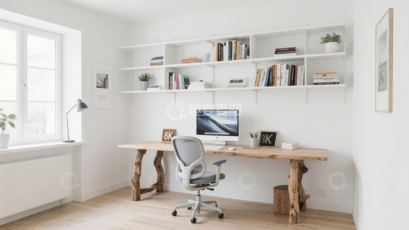 高清大图下载【趣麦麦图】现代简约风格书房内书桌与书架组合