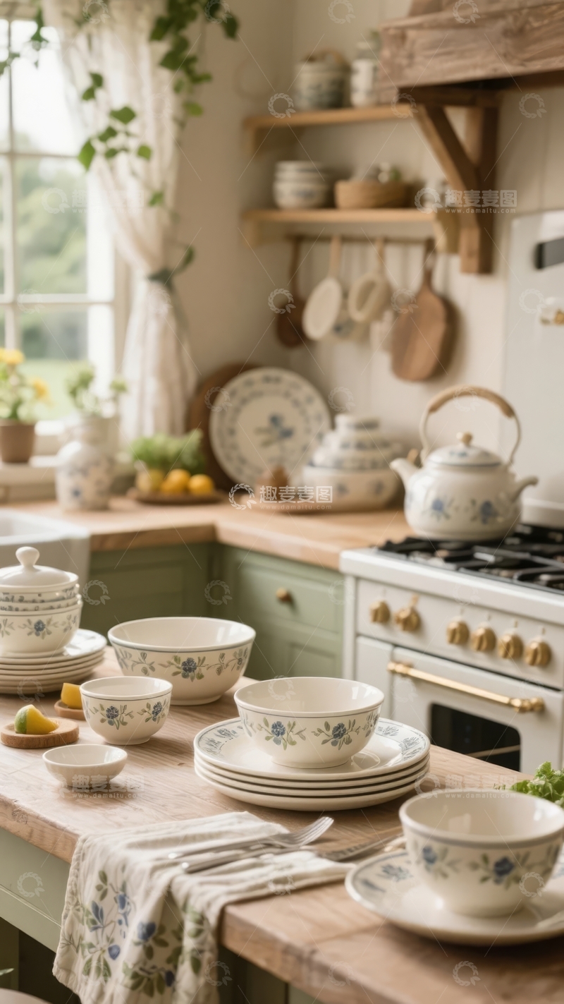高清大图下载【趣麦麦图】温馨厨房中摆放着蓝白花纹餐具和绿植