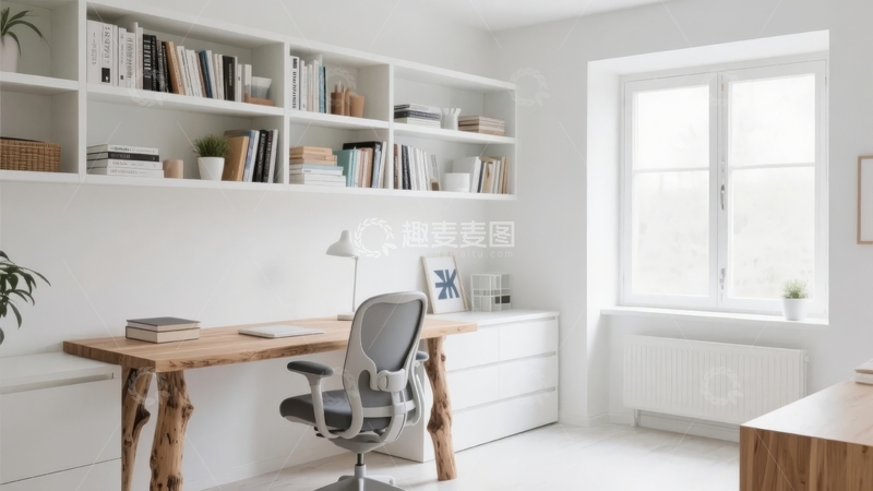 高清大图下载【趣麦麦图】明亮简约的白色书房配有书架书桌和窗户