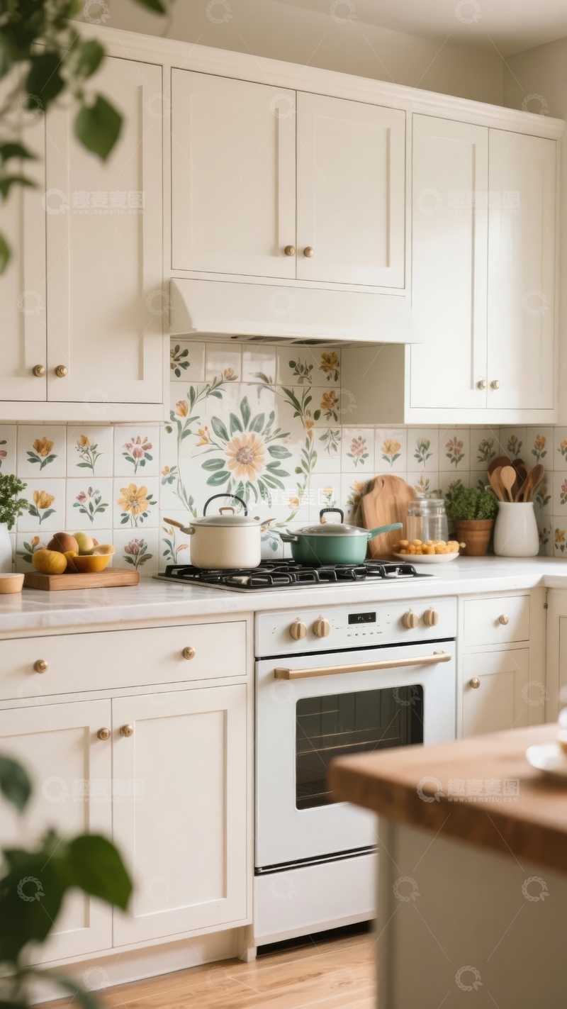 高清大图下载【趣麦麦图】明亮温馨的奶油色厨房配花卉瓷砖背景墙