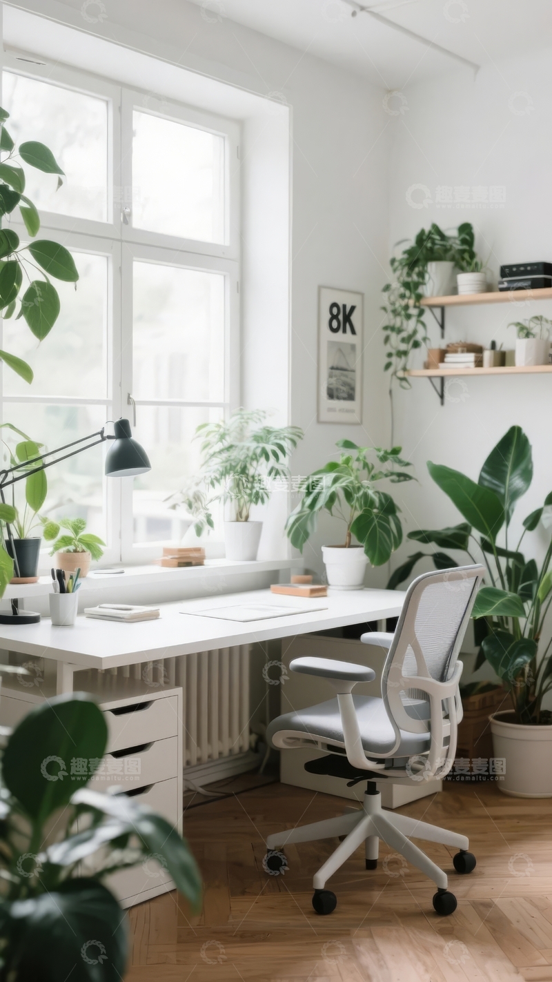 高清大图下载【趣麦麦图】明亮窗户旁的绿植环绕白色办公桌与舒适椅子